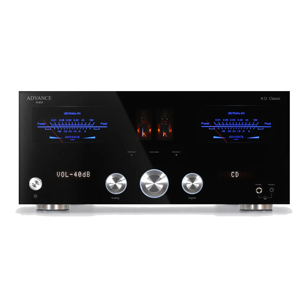 A12 Classic front panel with two blue VU meters scaled in watts into 8 ohms, the tube window, three knobs and two headphone jacks
