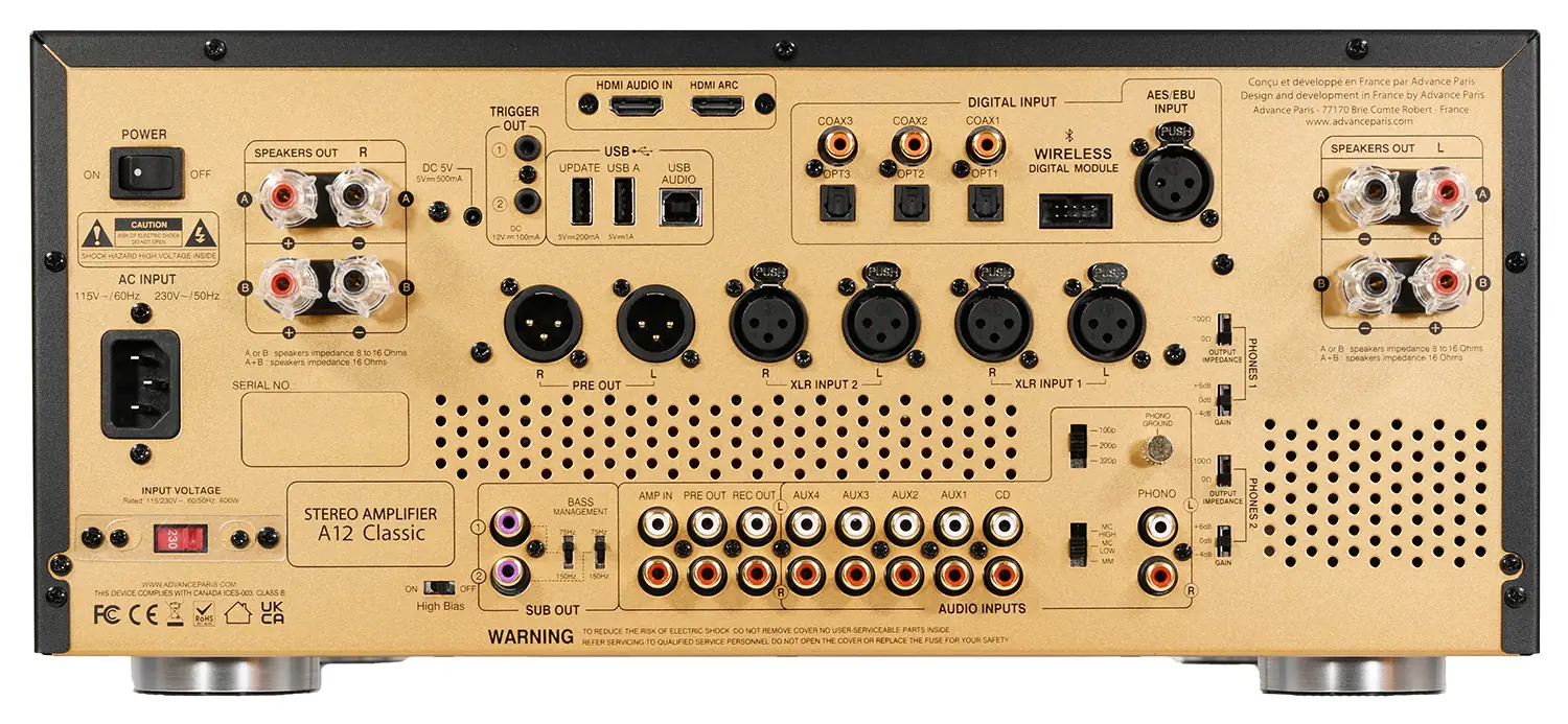 A12 Classic rear panel with two pairs of speaker terminals per channel, XLR inputs and pre-out, HDMI audio in and HDMI ARC, coaxial, optical, AES/EBU and phono inputs