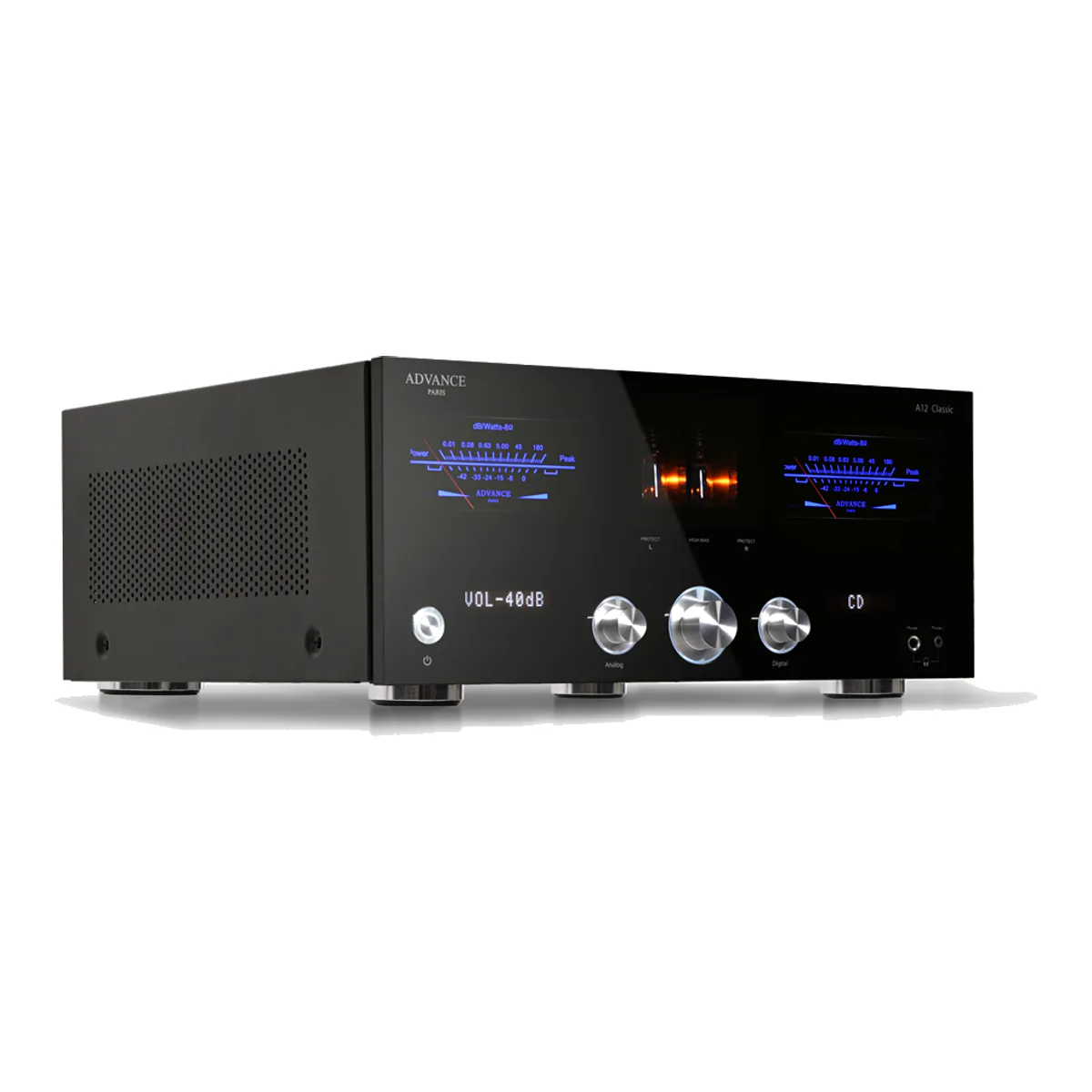 Advance Paris A12 Classic hybrid integrated amplifier in black, three-quarter view with blue VU meters and two glowing preamp tubes
