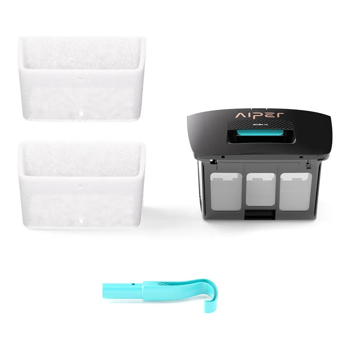 AIPER Scuba V3 filter set: the top-load basket marked SCUBA V3, two MicroMesh filter liners and a cleaning tool
