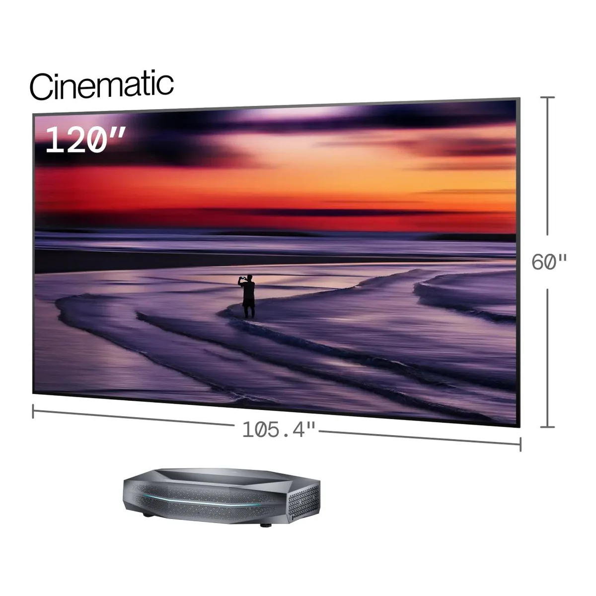 AWOL Aetherion Max in front of a 120 inch Cinematic ALR screen, drawn with the screen dimensions
