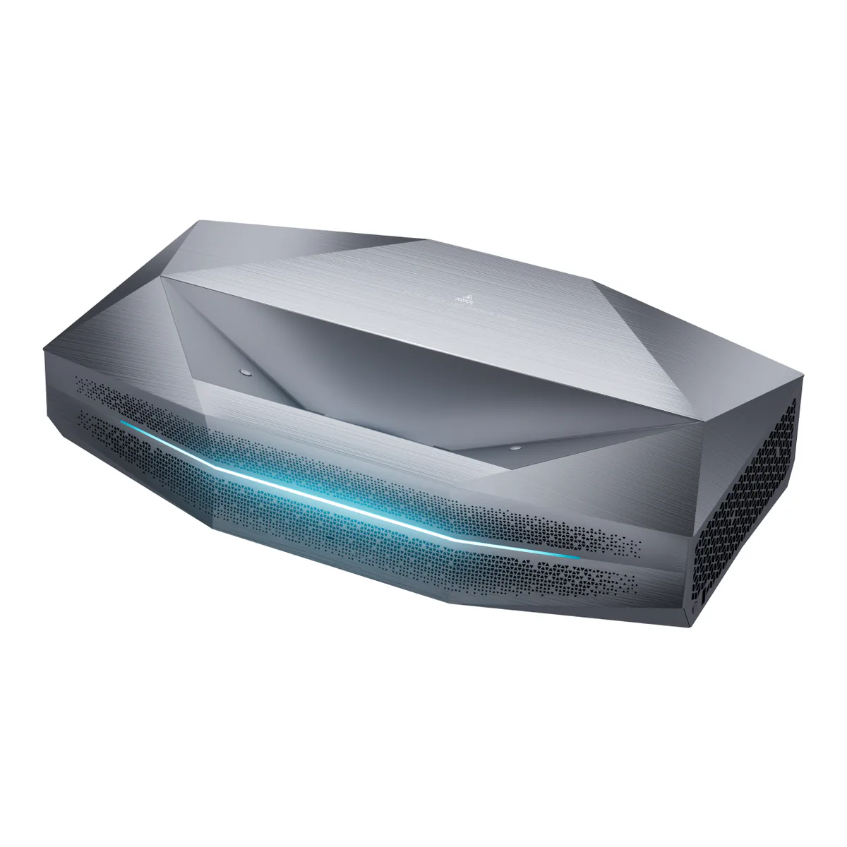 AWOL VISION Aetherion Max ultra short throw triple laser projector in silver gray with its cyan front light strip