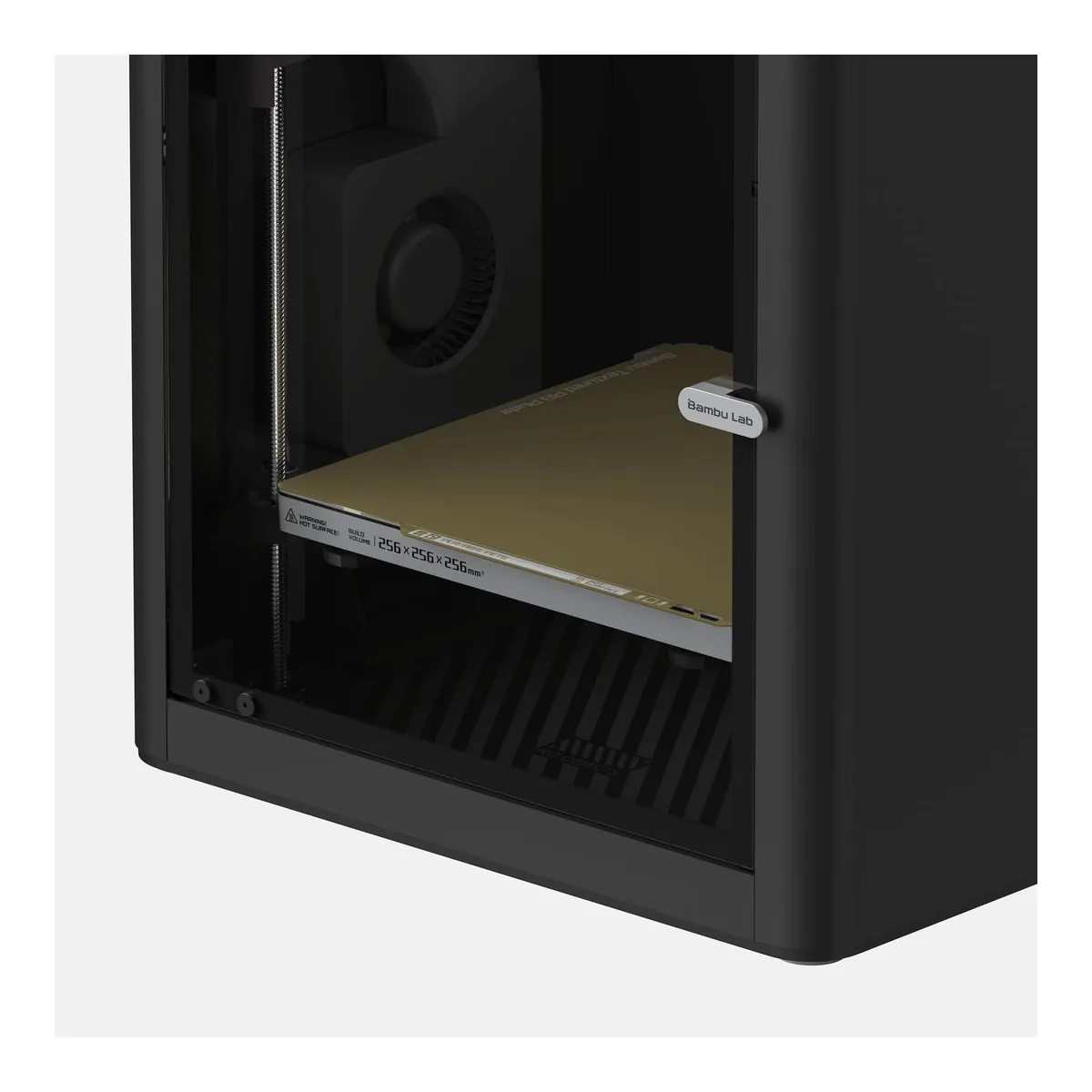 Bambu Lab P1S Textured PEI build plate inside the enclosure, labeled 256 by 256 by 256 mm build volume