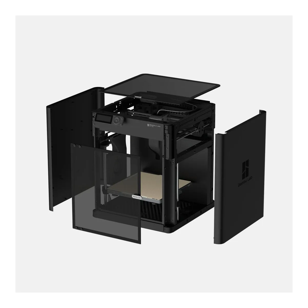 Exploded render of the Bambu Lab P1S showing the removable glass top cover, front door and side panels