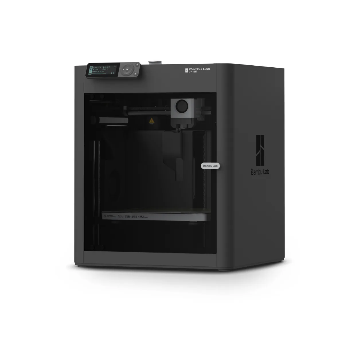 Bambu Lab P1S enclosed CoreXY 3D printer, front three-quarter view with the glass door closed