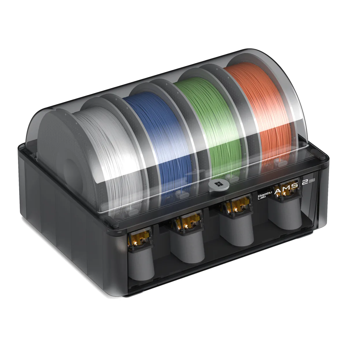 Bambu Lab AMS 2 Pro with four filament spools under its clear lid, three-quarter view