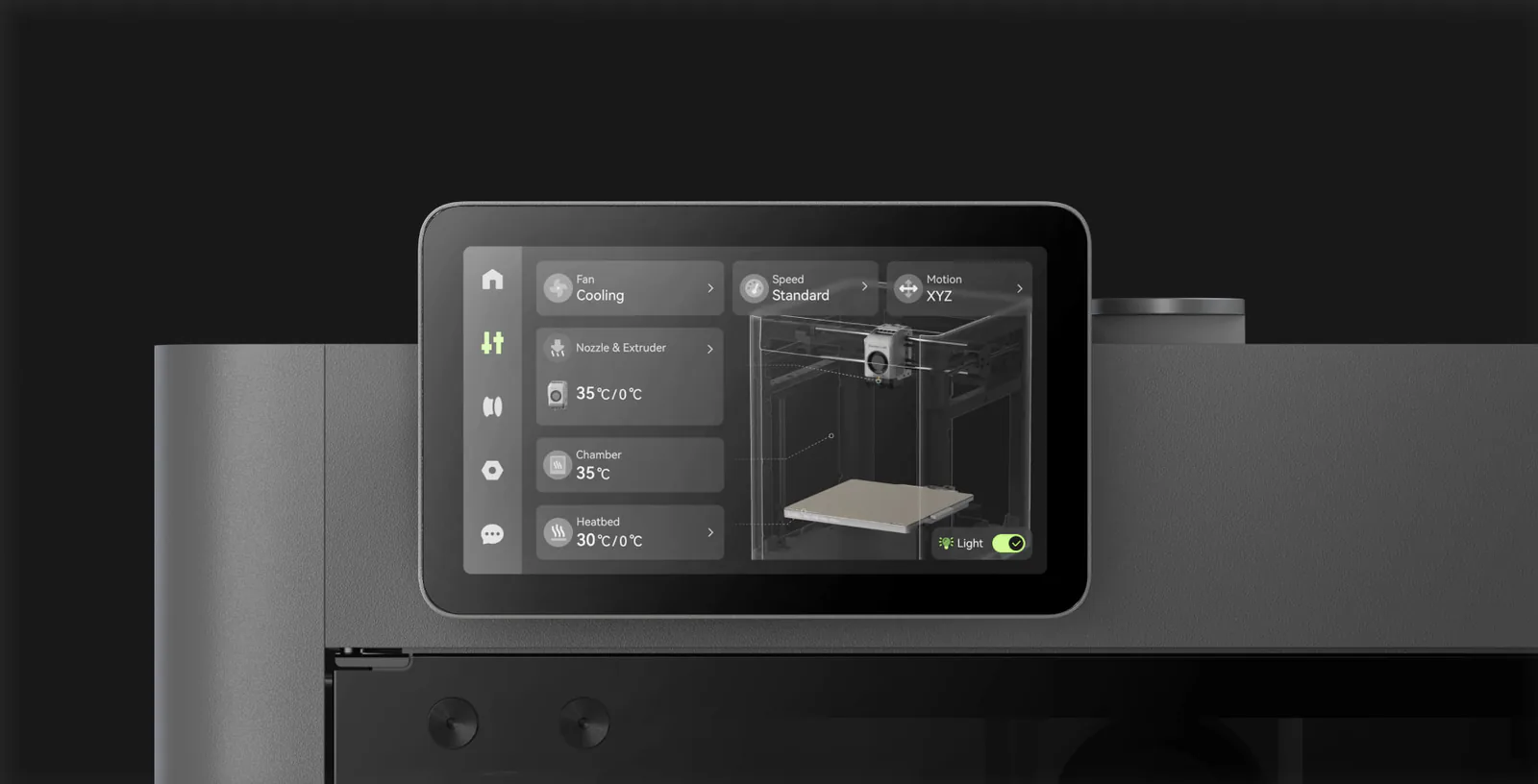 Bambu Lab P2S 5-inch touchscreen on the top edge of the printer, showing the controls page