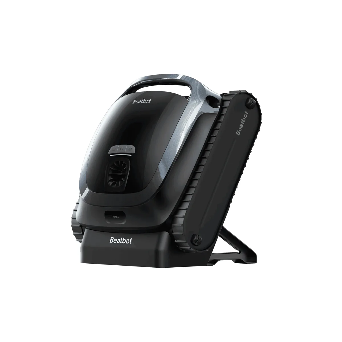 Beatbot AquaSense 2 cordless robotic pool cleaner in black, standing upright on its wireless charging dock