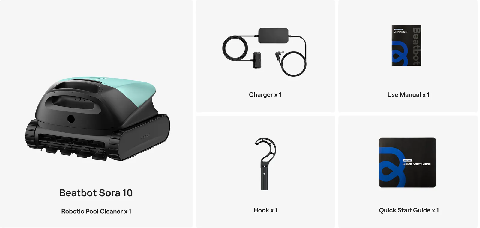 Beatbot Sora 10 box contents: the robot, a charger, a user manual, a retrieval hook and a quick start guide