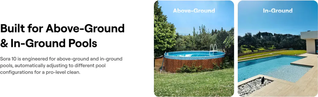 Beatbot panel reading Built for Above-Ground and In-Ground Pools beside photos of a round above-ground pool and an in-ground pool