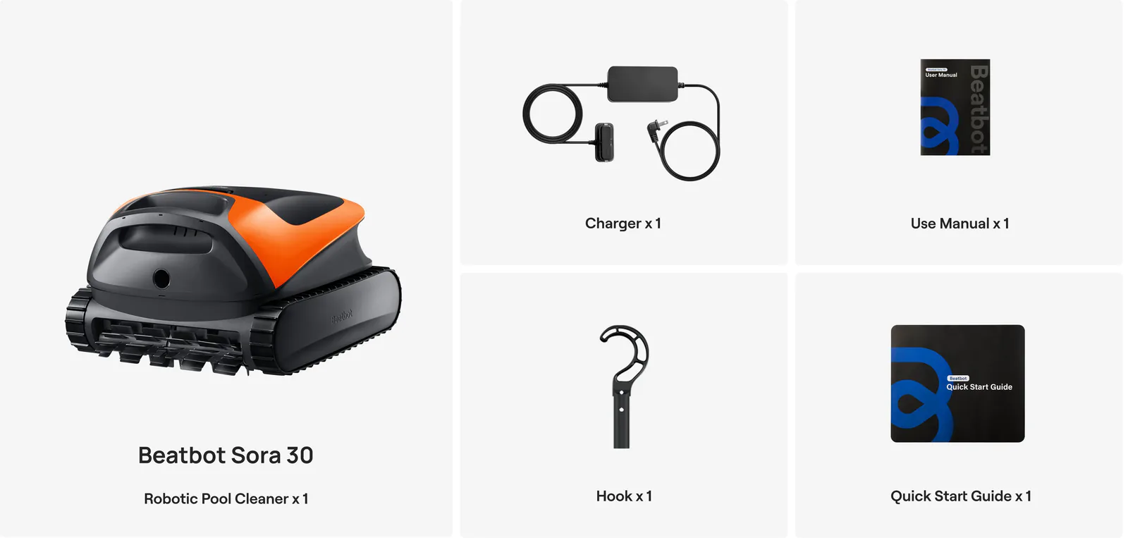 Beatbot Sora 30 box contents: the orange robot, a charger, a user manual, a retrieval hook and a quick start guide