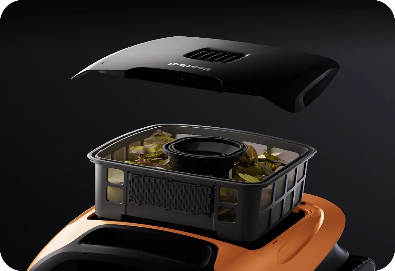 Beatbot Sora 30 debris basket raised out of the orange body with the top cover lifted above it