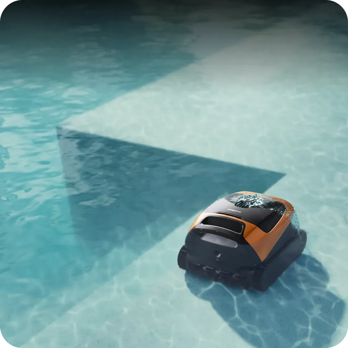 Beatbot Sora 30 in orange working a shallow sun shelf just under the water surface, beside the deeper pool floor