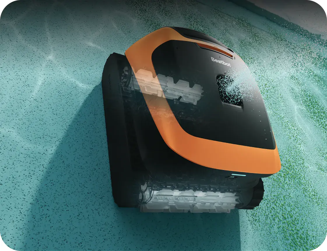 Beatbot Sora 30 climbing a pool wall, its shell drawn see-through to show the front and rear roller brush groups