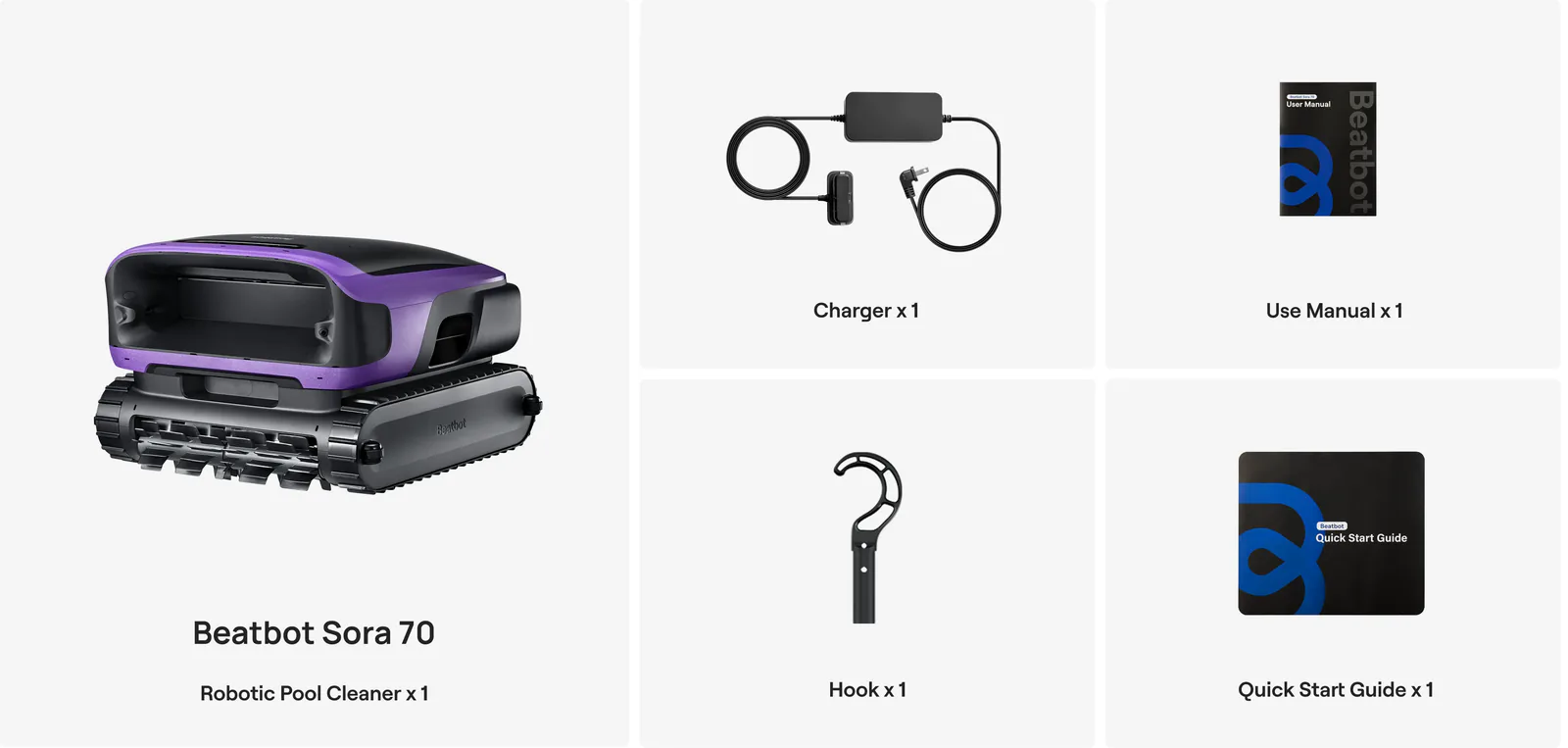 Beatbot Sora 70 box contents: the robot, a charger, a user manual, a retrieval hook and a quick start guide