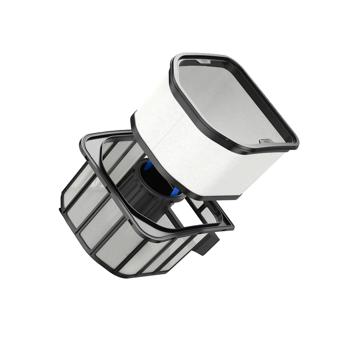 Beatbot Ultra-Fine Dual Filter Basket for the Sora 70, a white fine filter liner lifted out of a black framed mesh basket