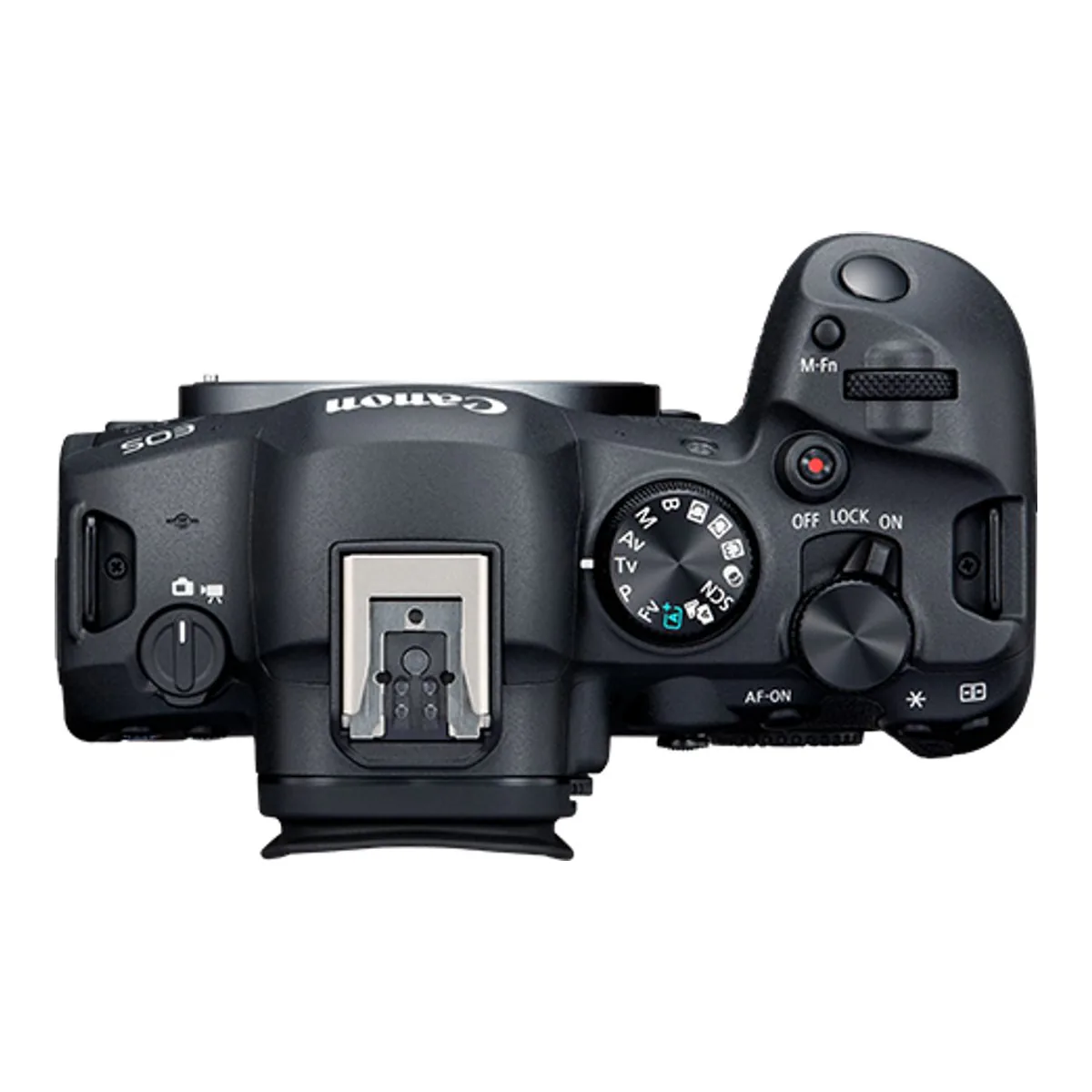 Top plate of the Canon EOS R6 Mark II with the mode dial, hot shoe, M-Fn button and the stills to video switch