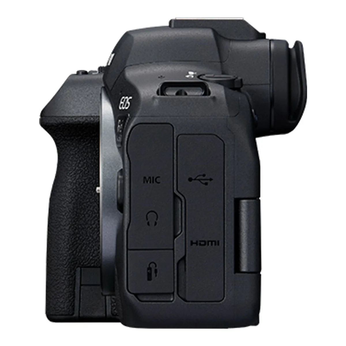 Side port door of the Canon EOS R6 Mark II open, showing the mic, headphone, USB-C and micro HDMI connectors