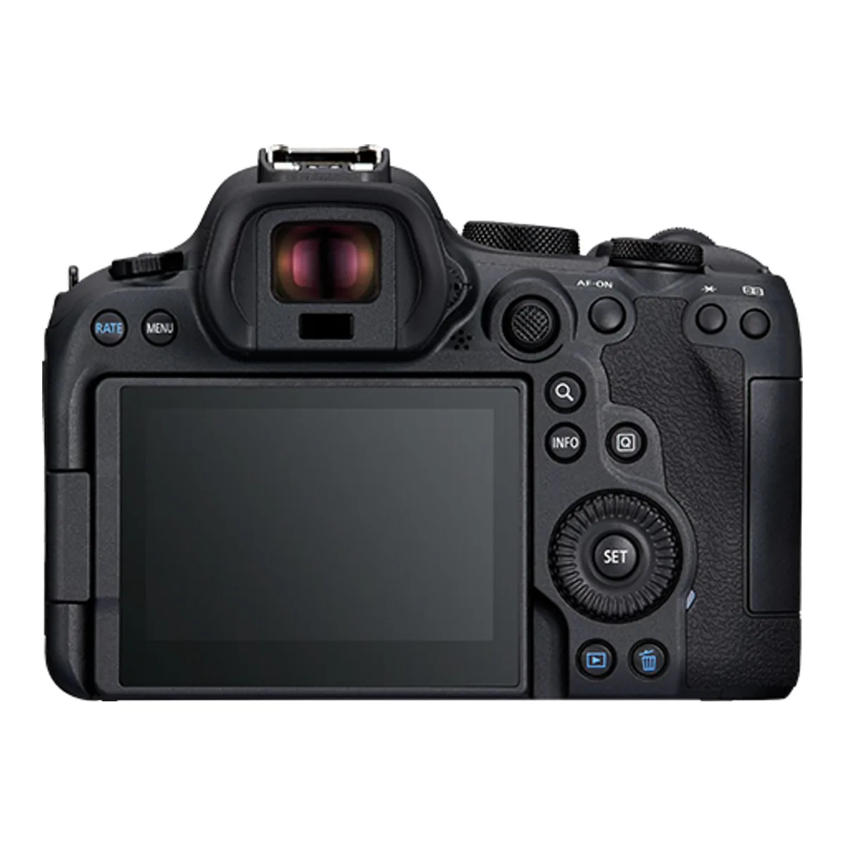 Rear of the Canon EOS R6 Mark II with the vari-angle touchscreen, viewfinder, AF-ON button and rear control dial