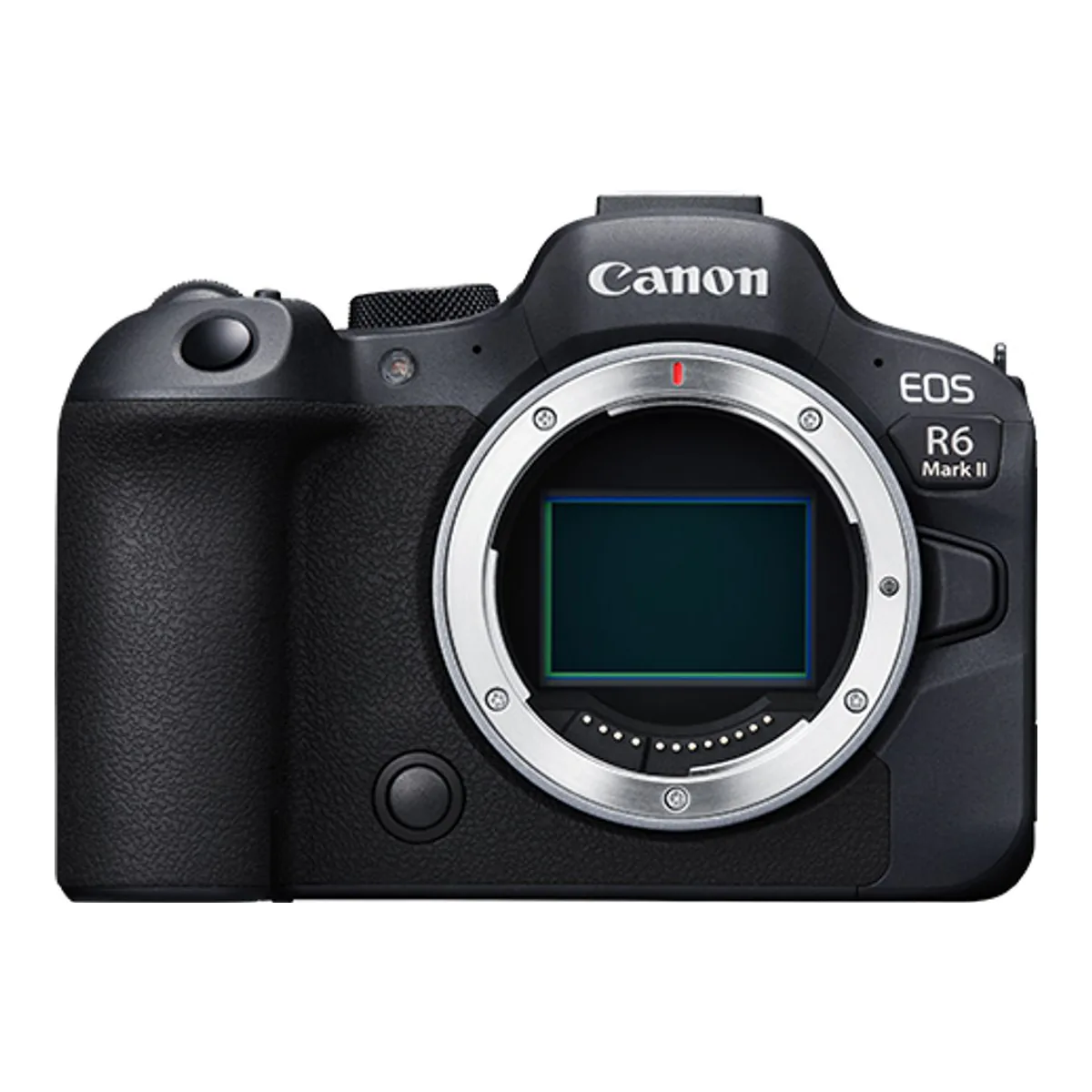 Canon EOS R6 Mark II full-frame mirrorless body, front view with the RF mount open and the sensor visible