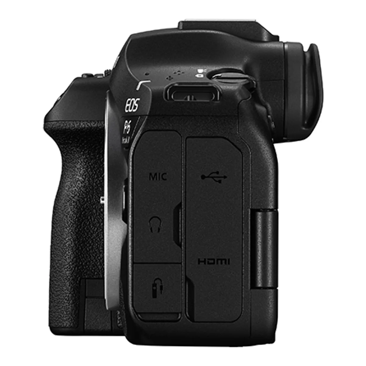 Canon EOS R6 Mark III side view with port doors labeled MIC, headphones, remote, USB and HDMI