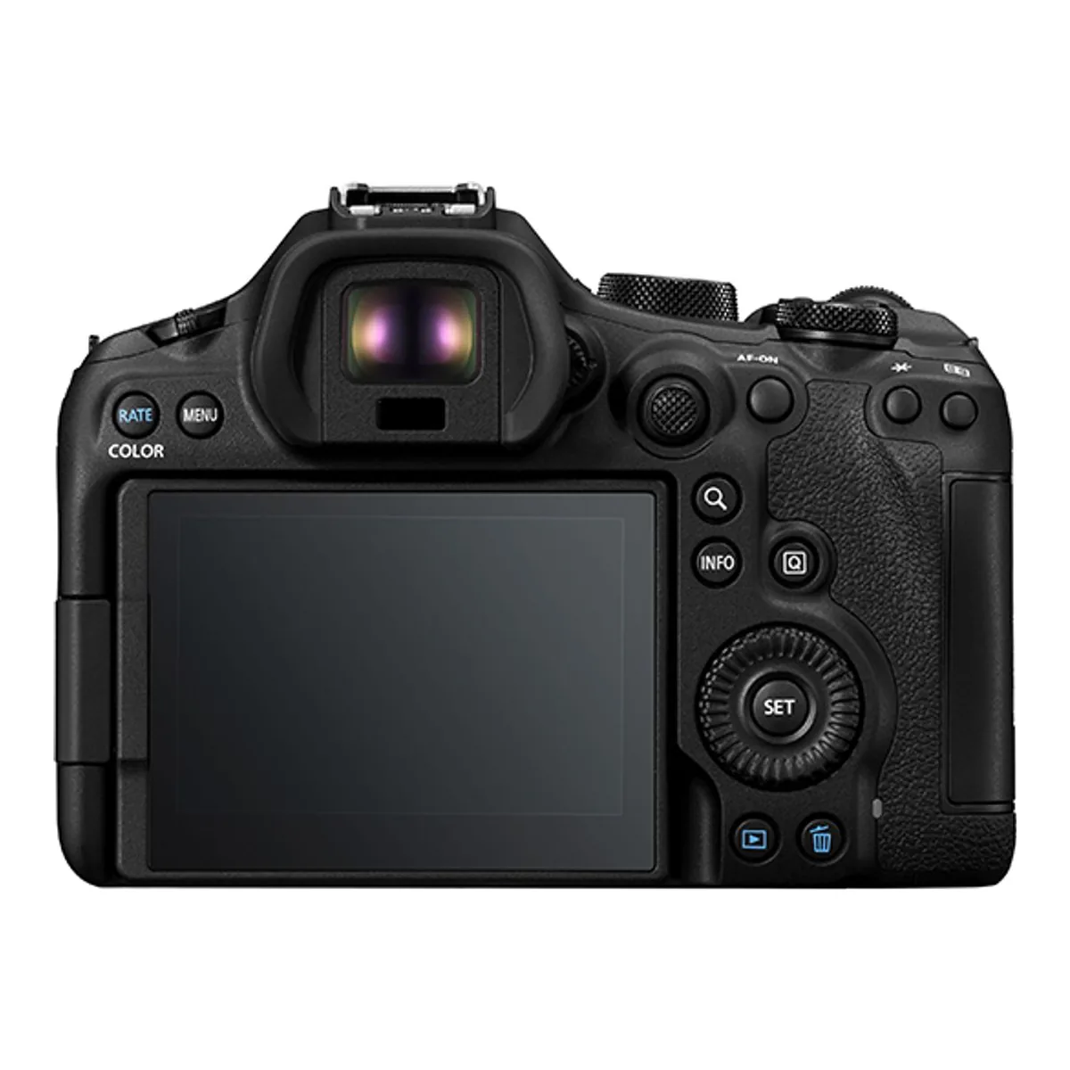 Rear of the Canon EOS R6 Mark III with the viewfinder, rear screen, joystick and control dial