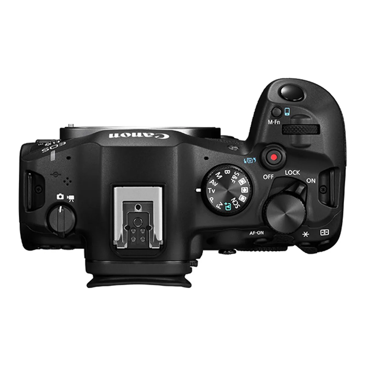 Top plate of the Canon EOS R6 Mark III with the photo and video switch, mode dial, power lock and red record button