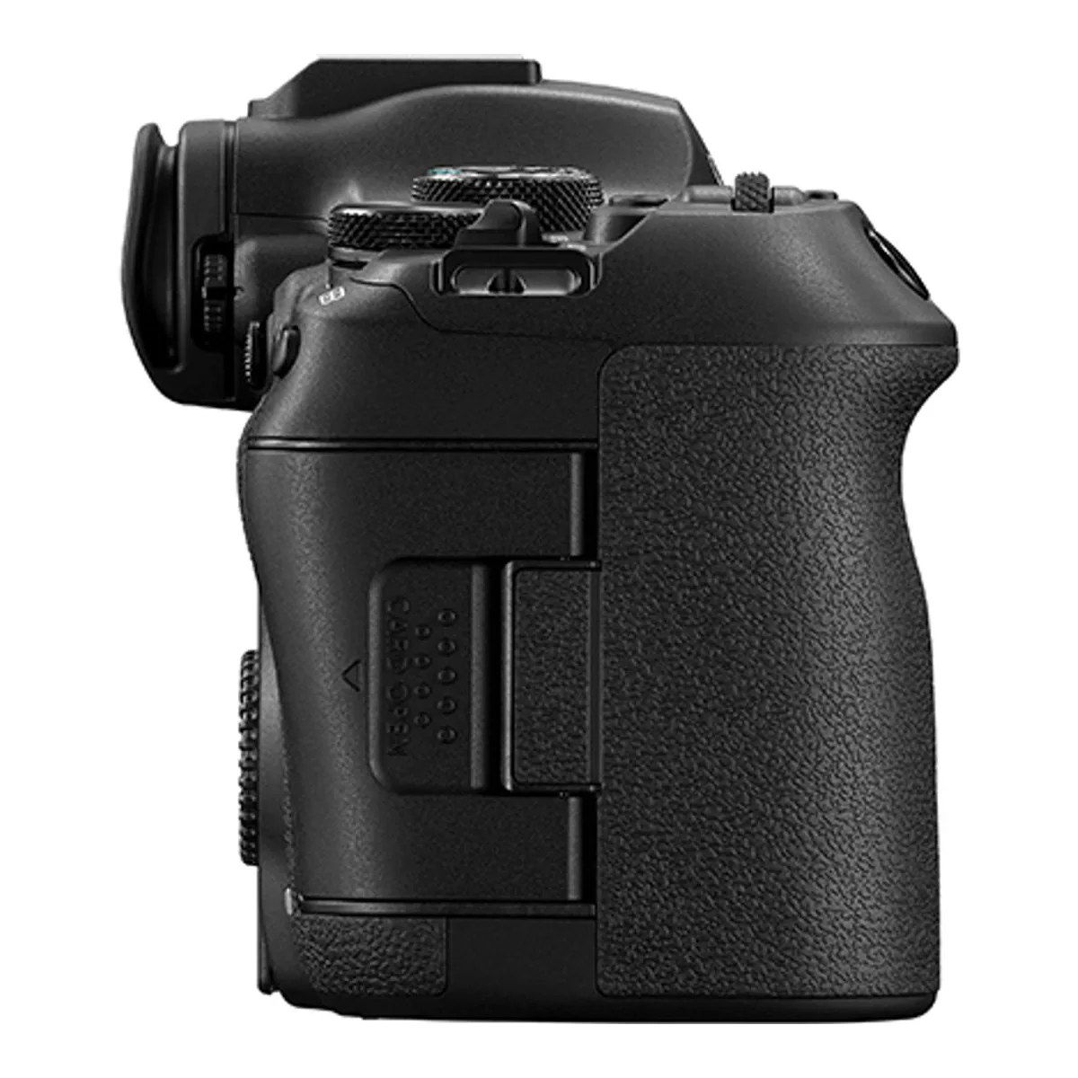 Grip side of the Canon EOS R6 Mark III with the hinged door over the memory card slots