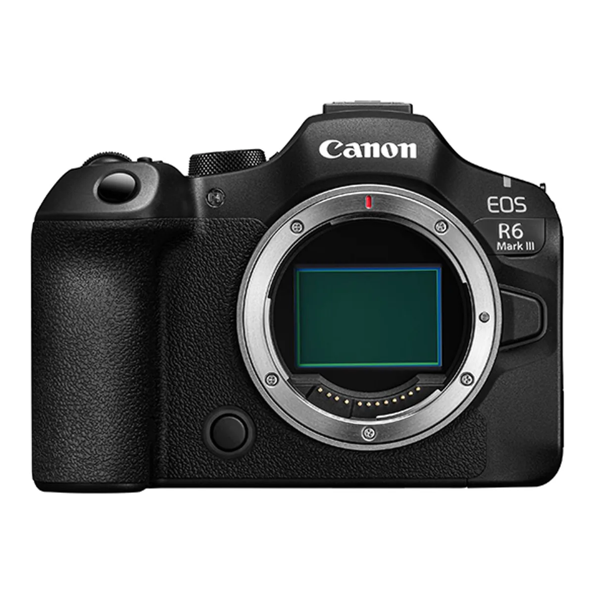 Canon EOS R6 Mark III full-frame mirrorless camera body, front view with the RF mount open and the model badge beside it
