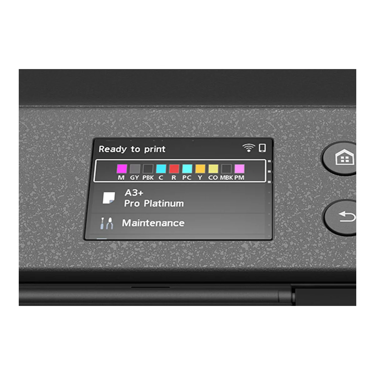 Close up of the Canon PRO-310 3.0 inch color LCD showing ink levels for all ten cartridges