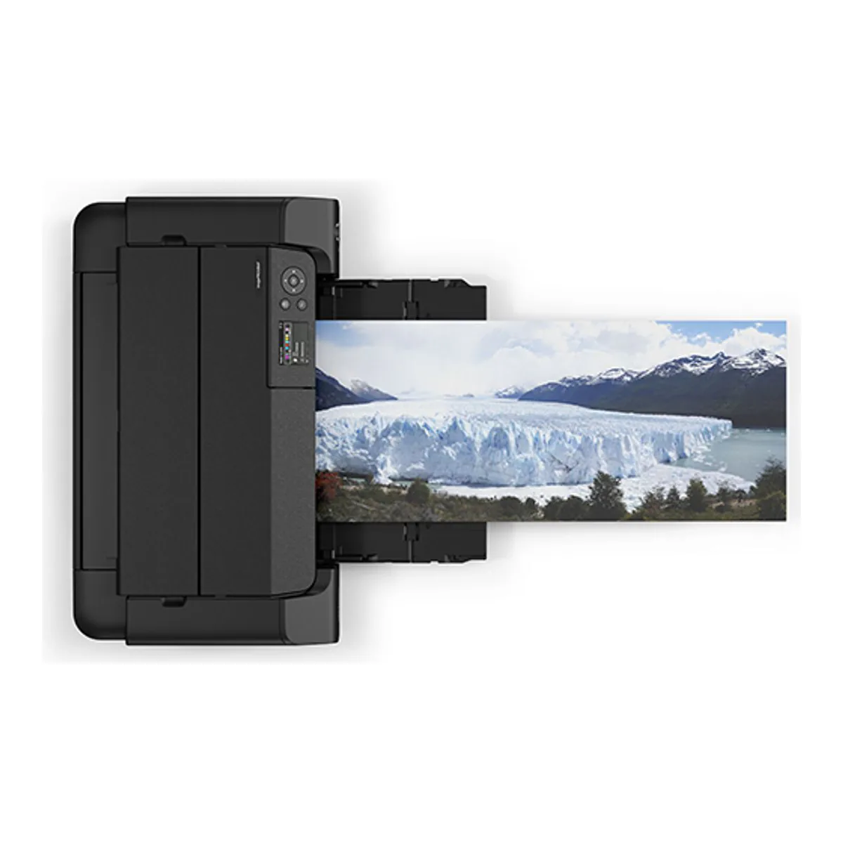 Canon PRO-310 seen from above with a long panorama print extending from the front output tray