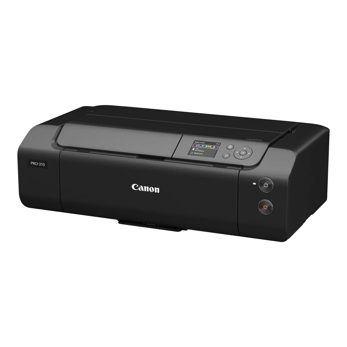 Canon imagePROGRAF PRO-310 13 inch pigment photo printer, front three quarter view with the paper covers closed