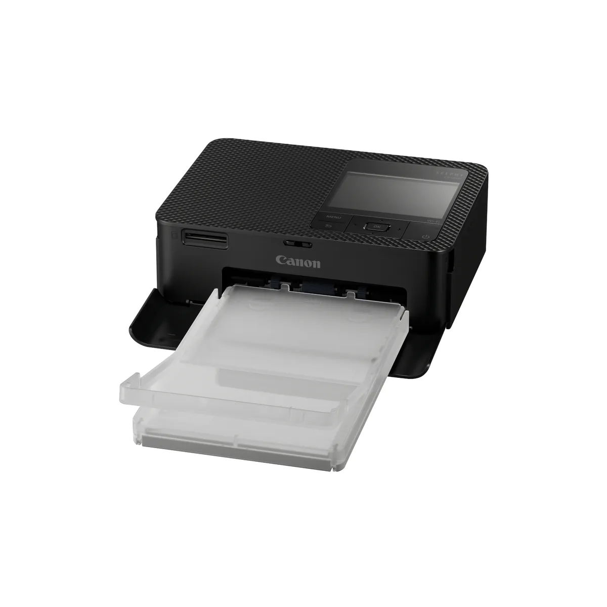 Canon SELPHY CP1500 with its clear postcard paper cassette inserted in the front