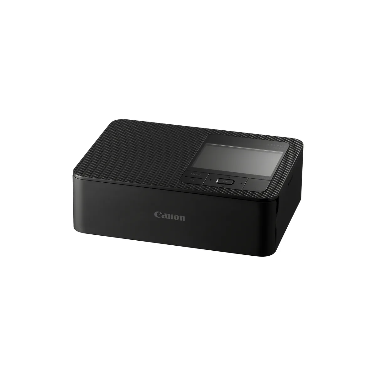 Canon SELPHY CP1500 compact photo printer in black, front three quarter view with the lid closed