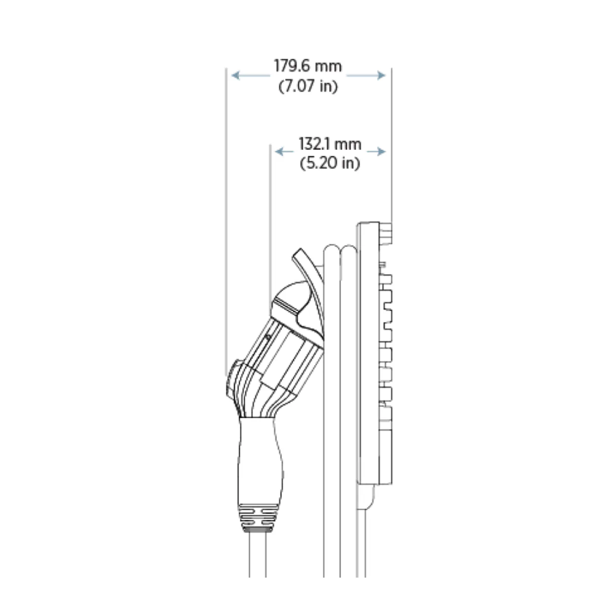 Side profile drawing of the ChargePoint Home Flex with the connector docked, marked 7.07 inches deep