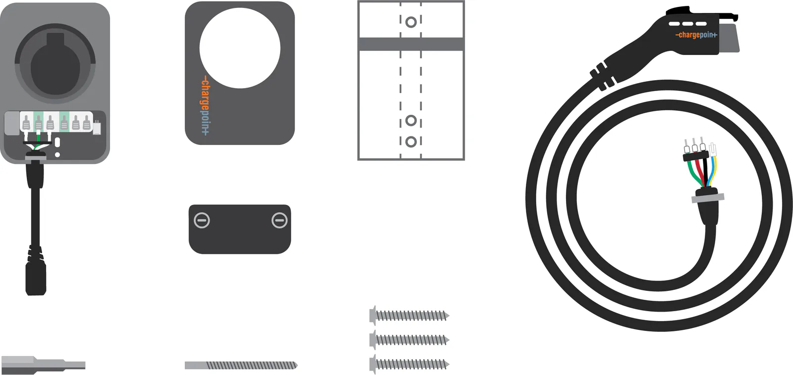 ChargePoint Home Flex box contents: station, faceplate, mounting template, wire cover, charging cable, screws and bits