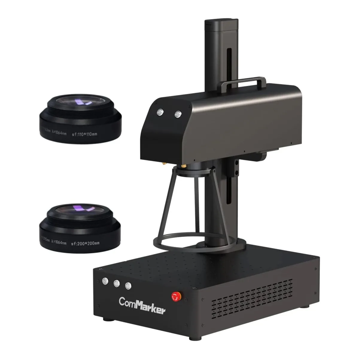 ComMarker B4 fiber laser with its two field lenses, marked 110 by 110 mm and 200 by 200 mm
