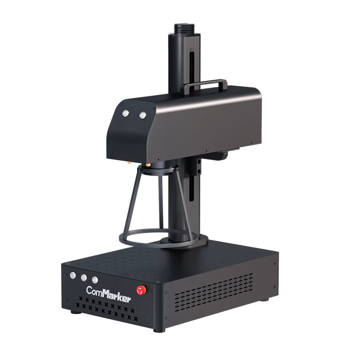 ComMarker B4 50W fiber laser engraver on its base with the handheld focus cage fitted under the galvo head