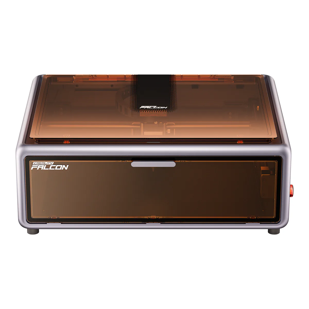Creality Falcon A1 10W enclosed diode laser engraver with an amber tinted lid and front window and an emergency stop on its right side