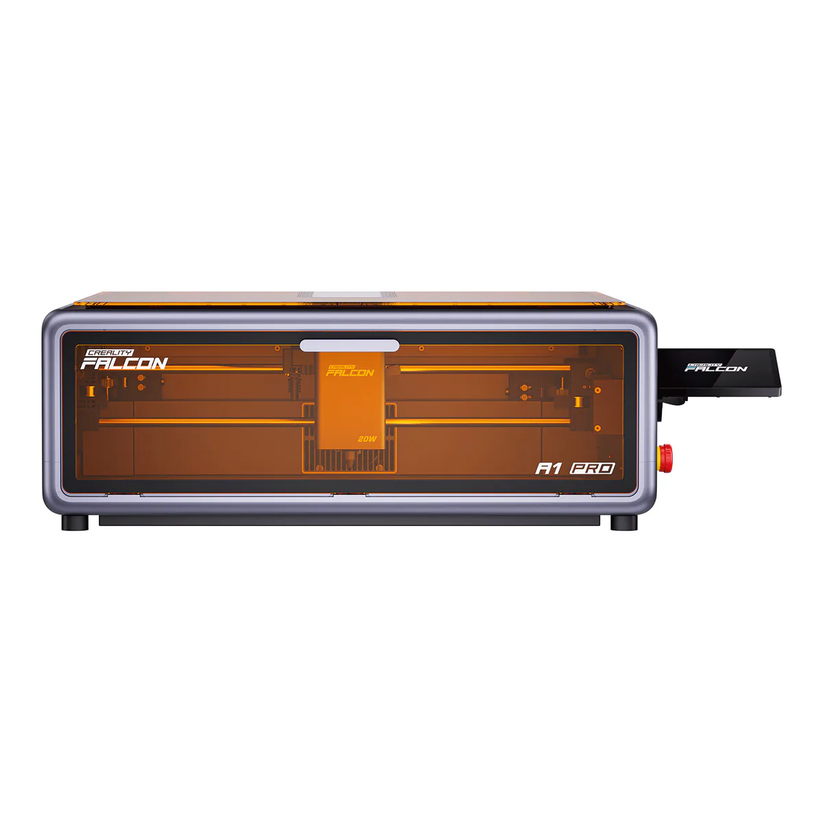 Creality Falcon A1 Pro 20W enclosed laser engraver from the front, 20W module on the gantry and the touchscreen mounted on its right side
