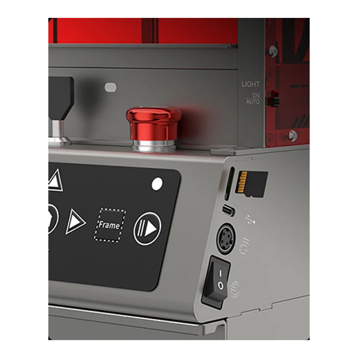 Falcon2 Pro front panel with emergency stop, control buttons, microSD slot, USB-C port and rocker power switch