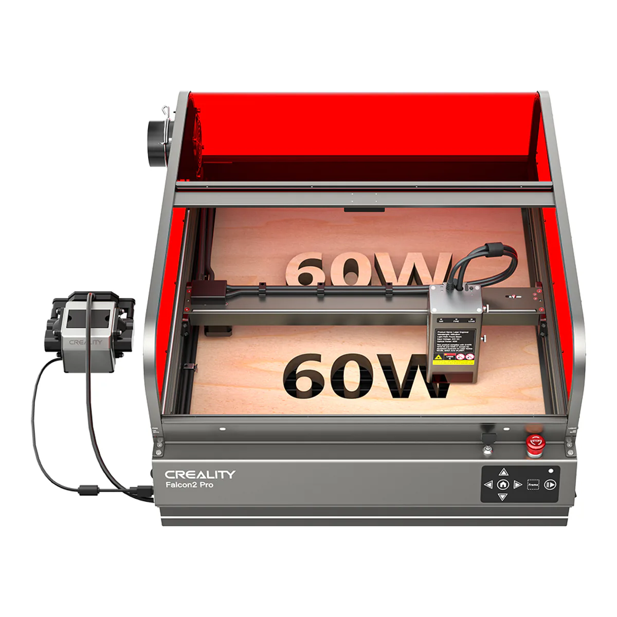 Creality Falcon2 Pro 60W enclosed diode laser engraver with red acrylic lid, gantry and external air assist pump