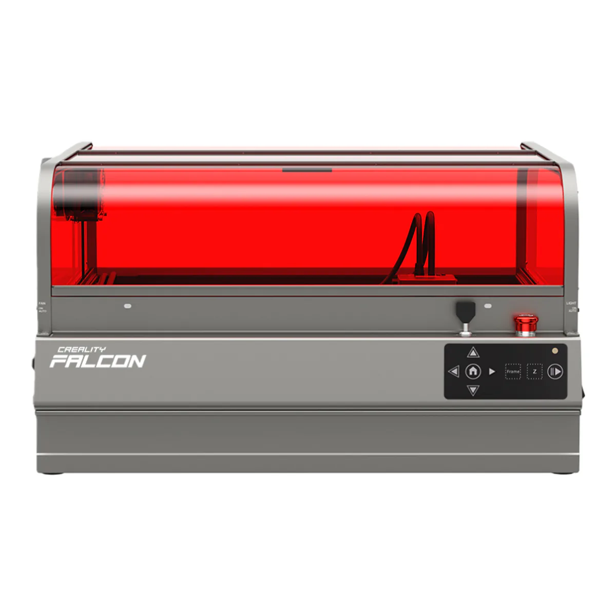 Creality Falcon2 Pro S 40W enclosed diode laser engraver with a red acrylic lid, key switch, emergency stop and directional control pad