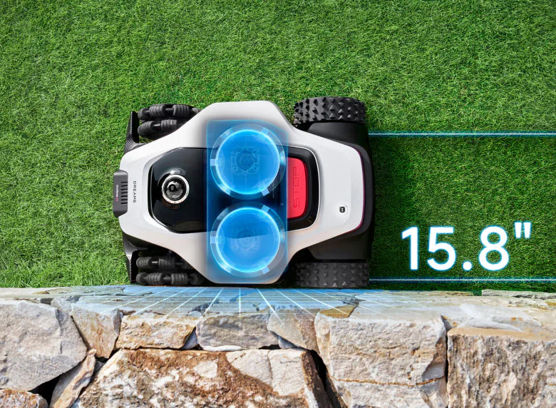 Top-down Dreame render of the A3 AWD Pro with its two cutting discs highlighted side by side across a 15.8 inch path