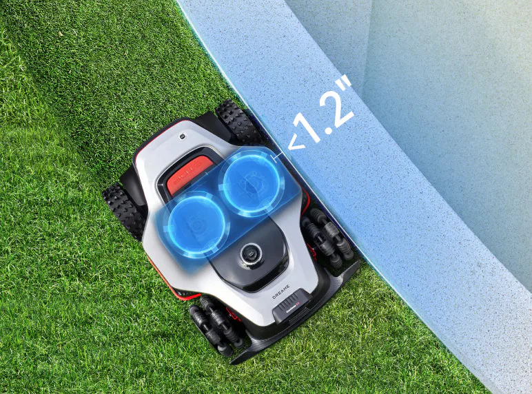 Dreame A3 AWD Pro mowing along a lawn edge with EdgeMaster 2.0 pushing the dual discs out to within 1.2 inches of the border