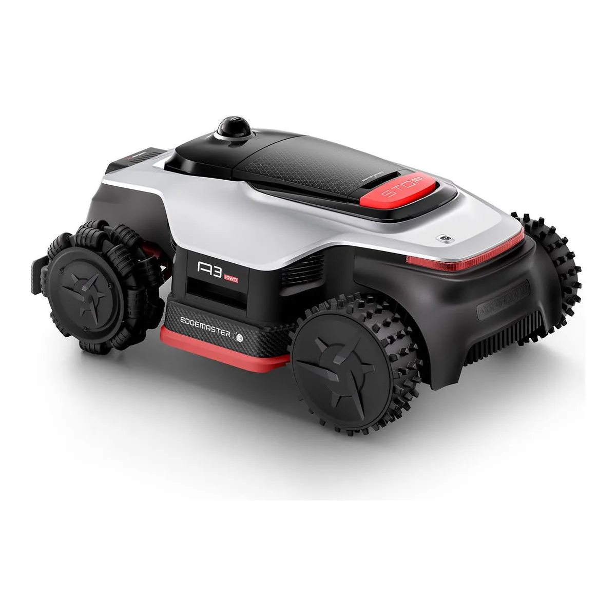 Dreame A3 AWD Pro 3500 robot lawn mower from the rear, showing the red STOP button, EdgeMaster deck and off-road rear wheels