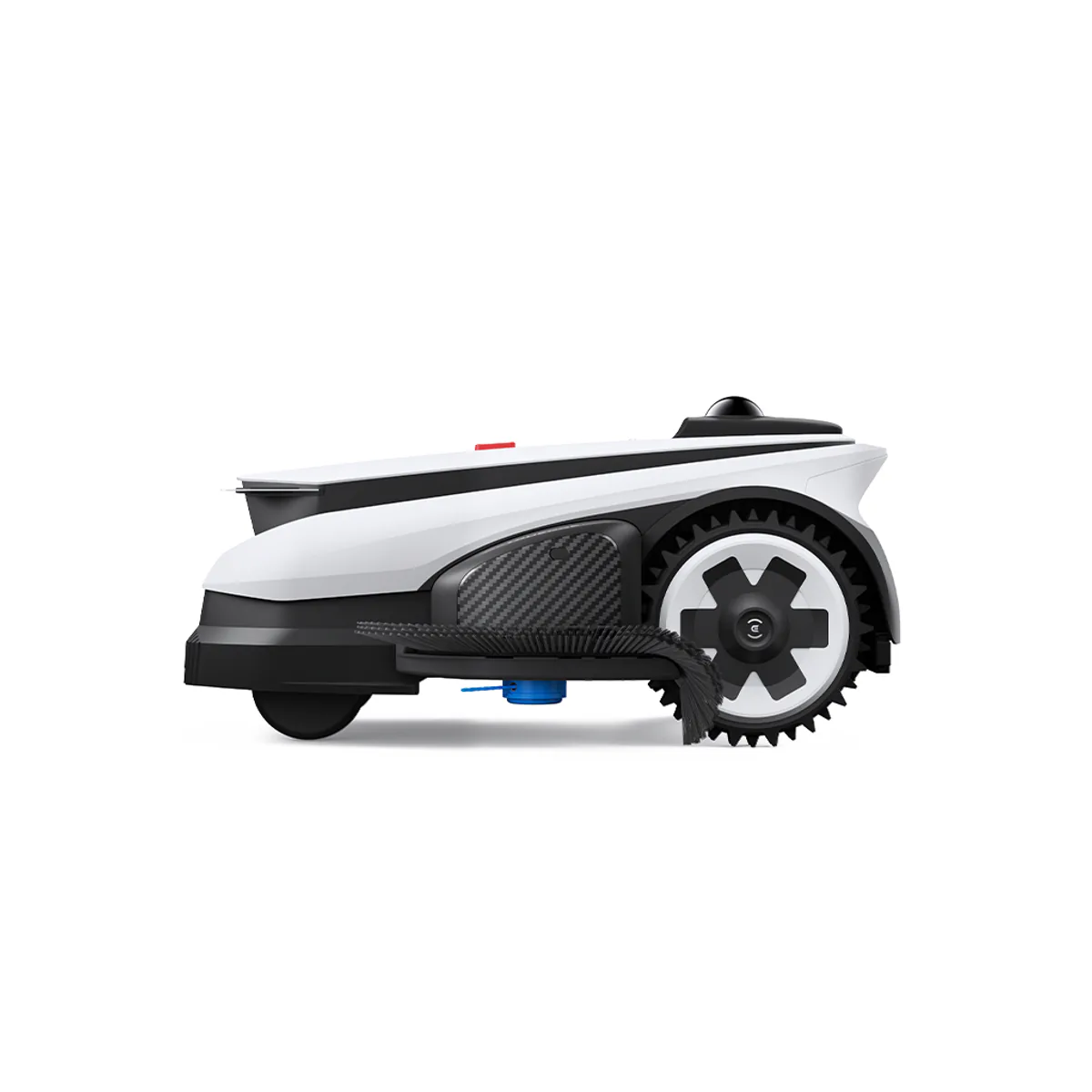 ECOVACS GOAT A2000 LiDAR PRO side profile showing the small castering front wheel and the large lugged rear drive wheel