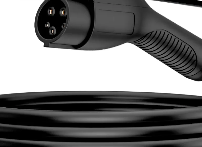 Close-up of the Emporia charger J1772 connector head showing its five-pin J1772 face