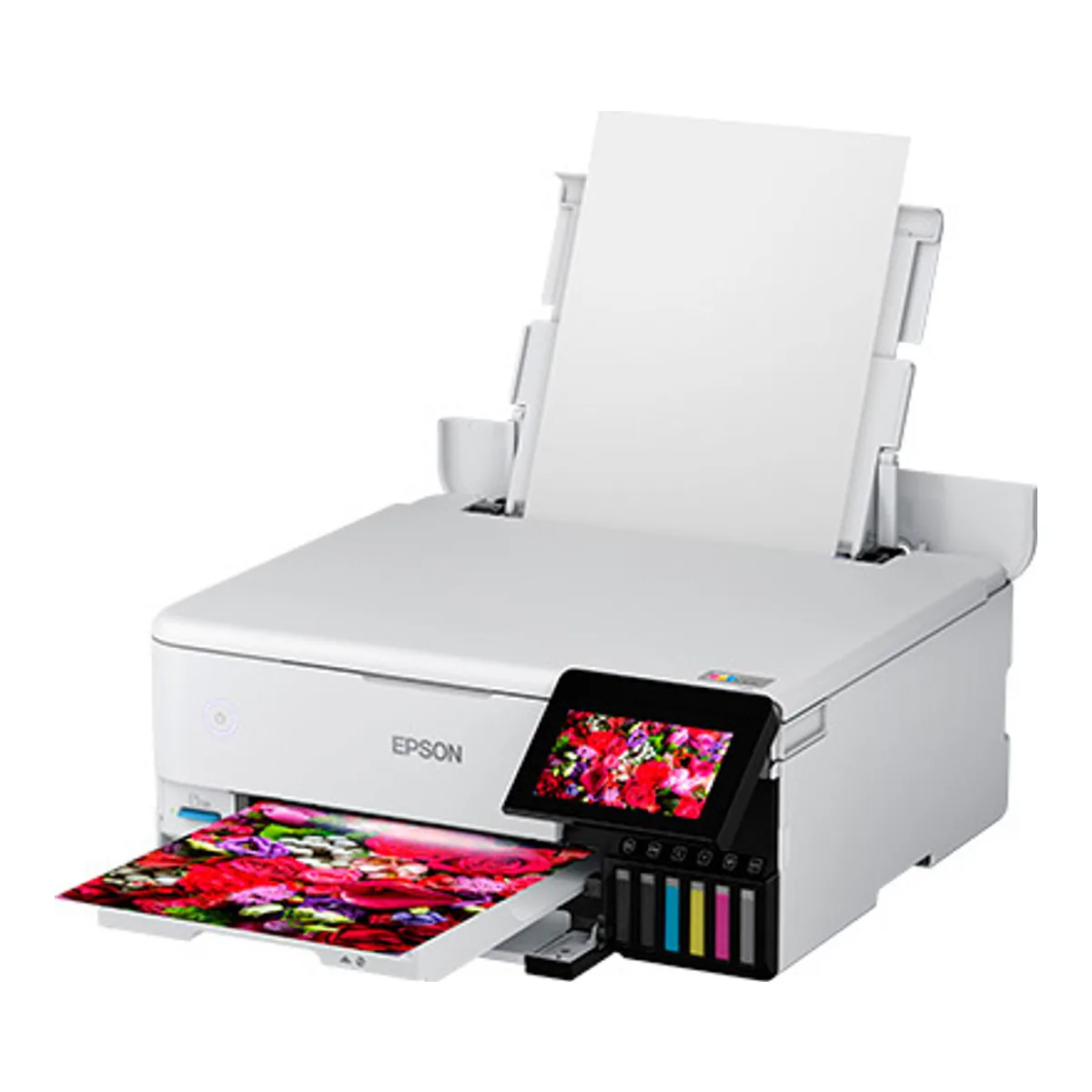 Epson ET-8500 with its rear paper feed support raised and a sheet loaded, a color photo print coming out of the front