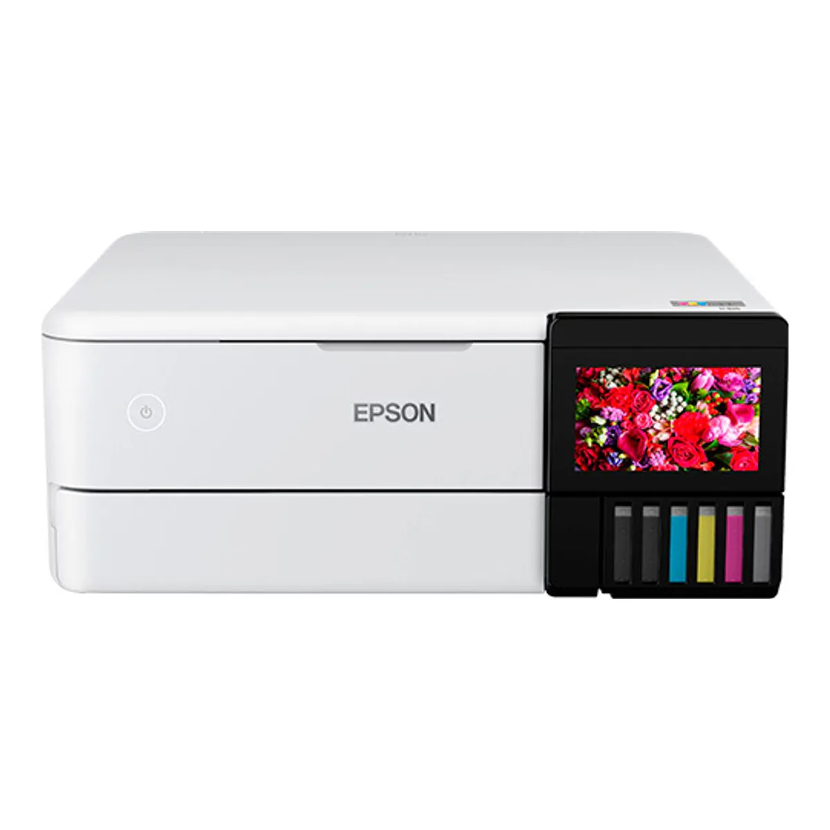 Epson EcoTank Photo ET-8500 all-in-one photo printer in white, front view with the lid closed, a color photo on the tilted touchscreen and six ink tanks below it